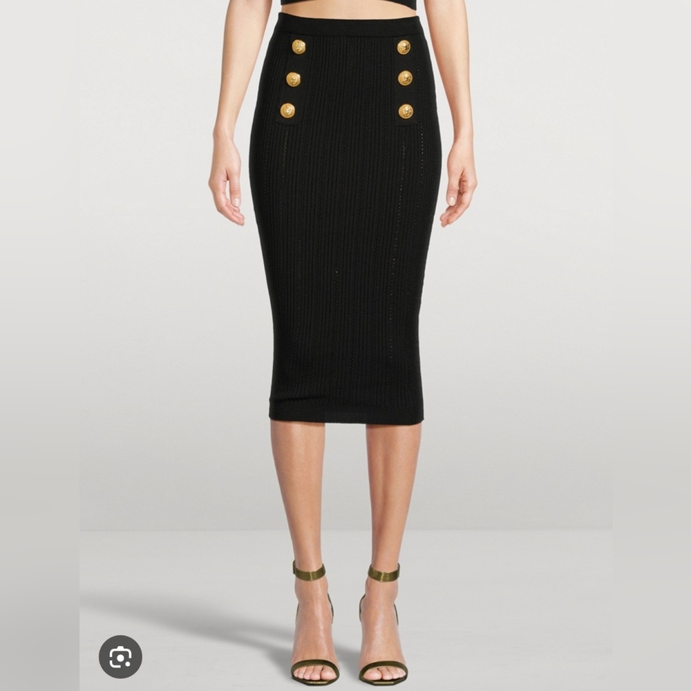 Balmain Black Knit Midi Pencil Skirt With Gold Buttons